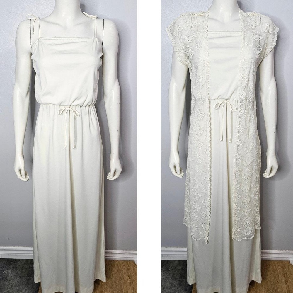 Vintage 1970s Boho Maxi Dress, Two Piece, Lace Duster, Off White, Ethereal